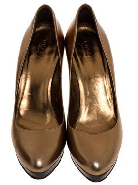 Gucci Metallic Gold Leather Platform Pumps Size 38- Medium Width 'B'